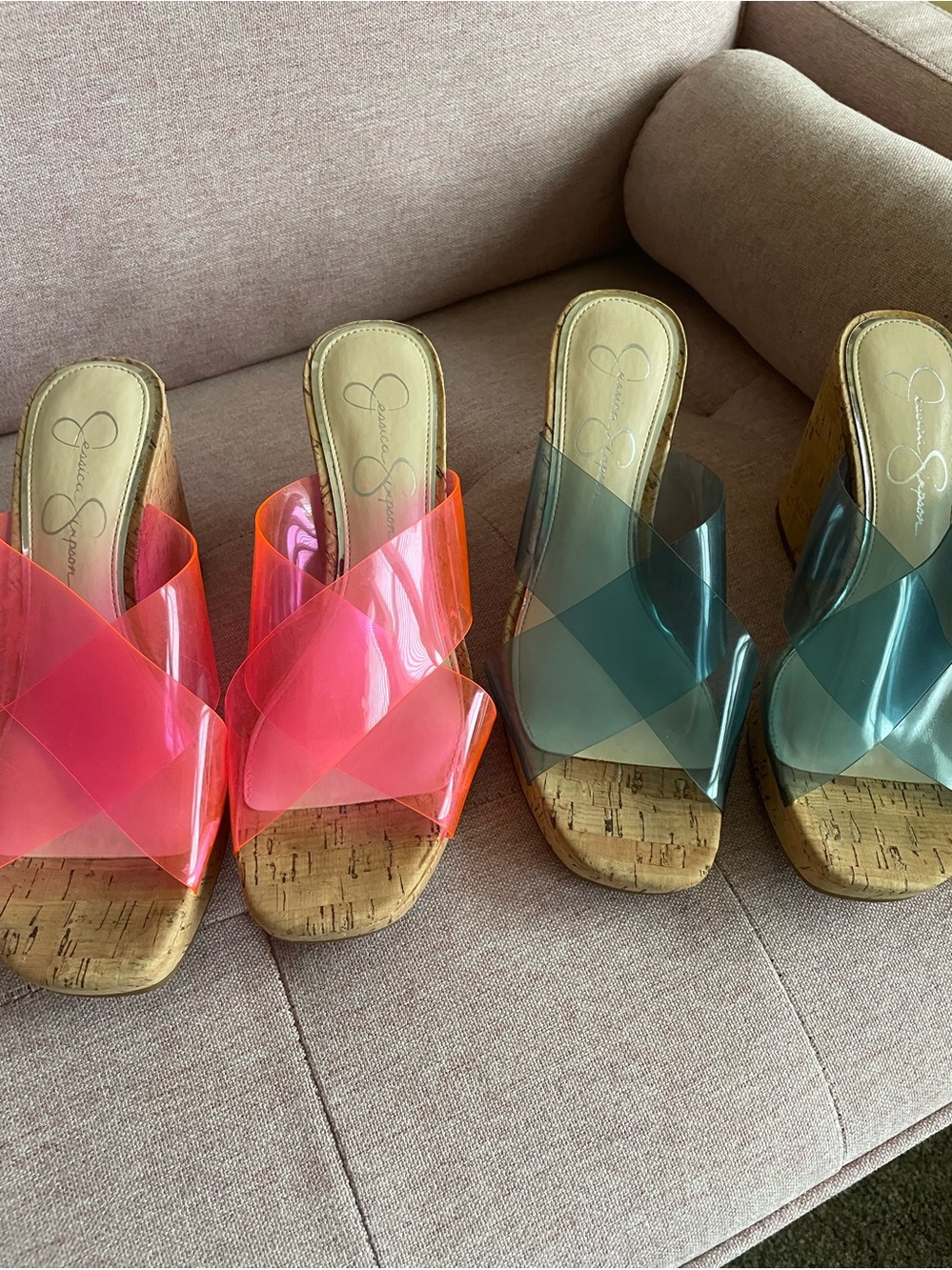 Jessica Simpson Pink and Teal Cork Wedge Slide Sandals - Clear Crisscross Straps
